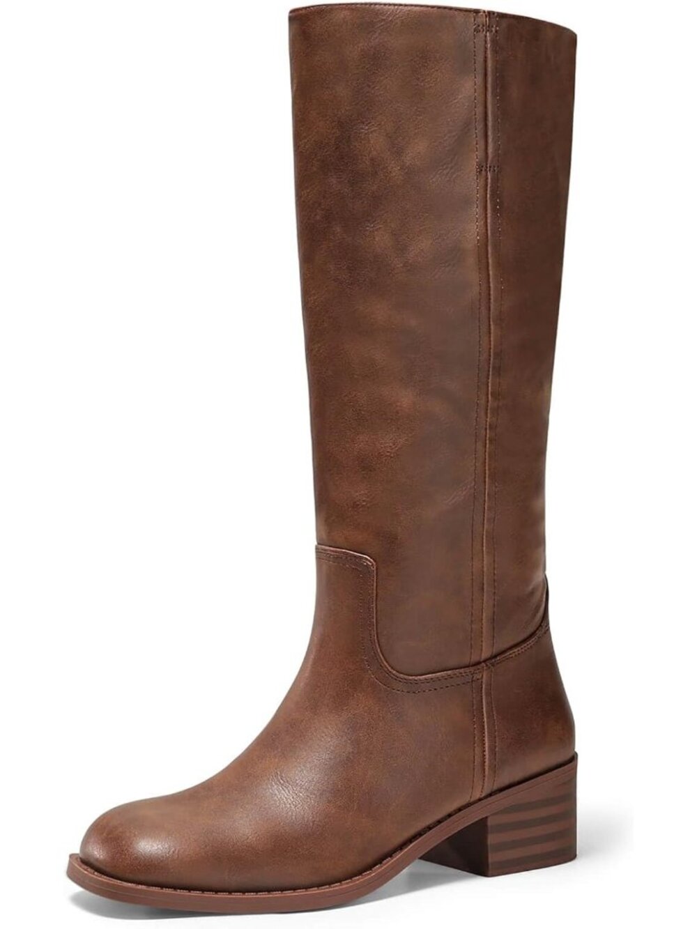 Women's Dark Brown Square Toe Chunky Low Block Heel Comfortable Knee High Boots